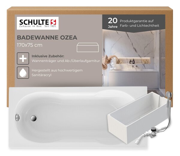 Vasca da bagno Schulte 170x75 cm, in acrilico, set completo con supporto per vasca in schiuma rigida e set di scarico e troppopieno, modello: Ozea, colore: bianco lucido