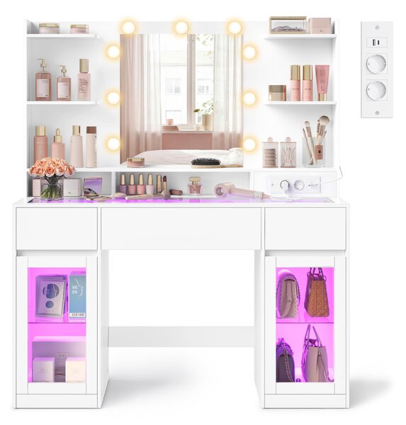 Tavolino da trucco VASAGLE con specchio, illuminazione RGB e presa di corrente, dimensioni 107 x 40 x 144,5 cm, realizzato in pannello di legno e vetro, dotato di 2 vani contenitori, colore bianco, ideale per la camera da letto