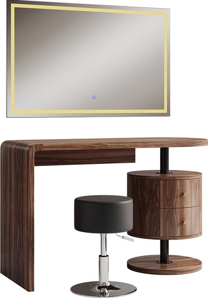 Tavolo da toilette Vicco Lara Rovere rustico 120 cm con specchio LED e sgabello, Model 50183