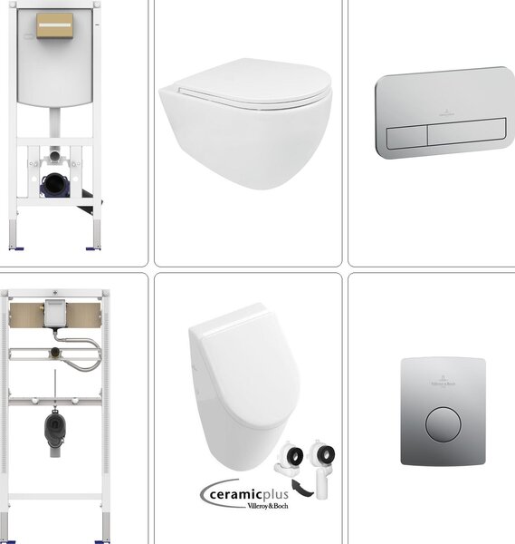 BB INFINITY WC sospeso senza bordo con accessori VILLEROY&BOCH e orinatoio SUBWAY Ceramic Plus, cromo opaco
