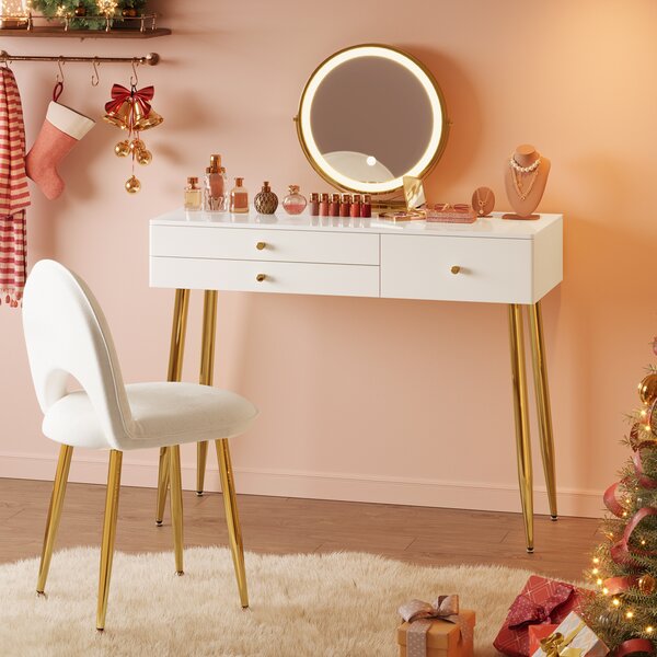 WOLTU: toletta con illuminazione, lampada a LED regolabile sopra lo specchio, toletta con 3 cassetti, ampio piano da 100x40 cm, toletta con sgabello in velluto, bianco+crema+oro