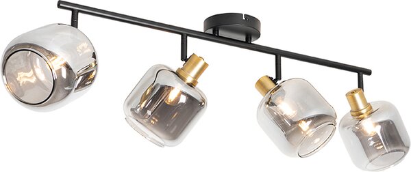 QAZQA - Moderno DeckenSpot I Faretto I Faretto a soffitto I Faretto a soffitto I Faretto I Lampada I Lampada nera con oro I Ottone con vetro fumé 4 luci spot beam-flame - Zuzanna I Soggiorno I Zona notte