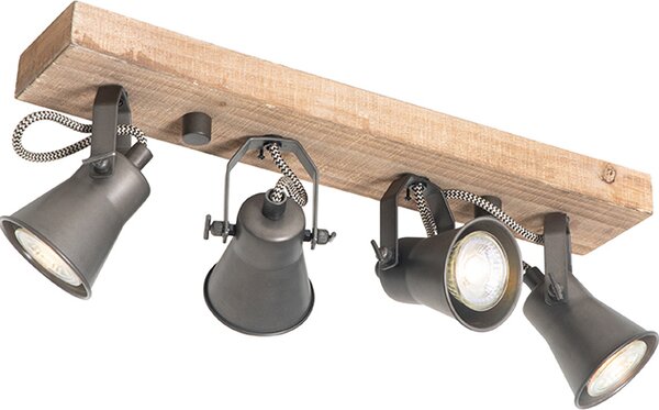 QAZQA - Landhaus I Lampada da soffitto in stile rustico vintage nera con elementi in legno, 4 luci a faretto - Jelle I Soggiorno I Camera da letto - Forma allungata - Compatibile con LED GU10
