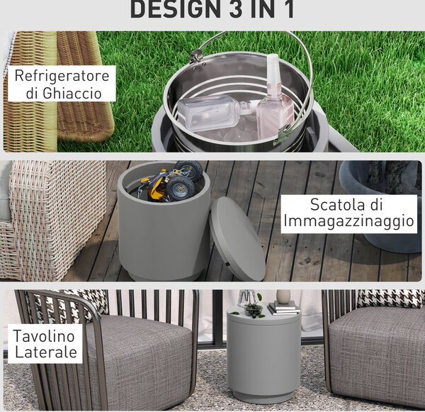 HOMCOM Tavolino Multiuso con Secchiello Ghiaccio e Coperchio, in Cemento e Acciaio Inox, Ø37.5x43.5 cm, Grigio Chiaro