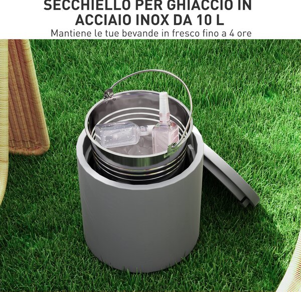 HOMCOM Tavolino Multiuso con Secchiello Ghiaccio e Coperchio, in Cemento e Acciaio Inox, Ø37.5x43.5 cm, Grigio Chiaro