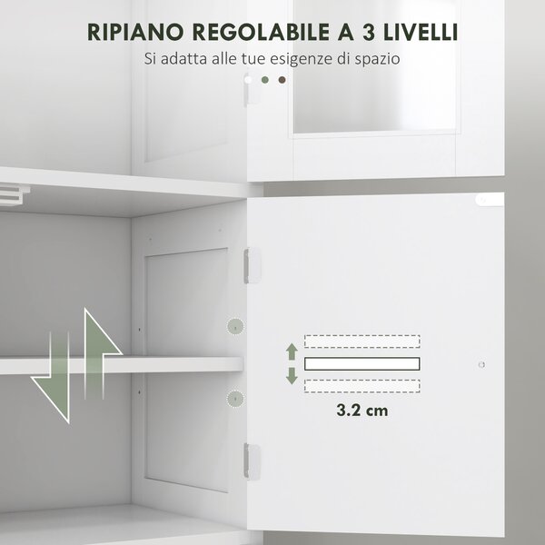 HOMCOM Mobile Colonna Bagno con 3 Armadietti e Ante in Vetro e a Persiana, 60x30x170.5cm, Bianco