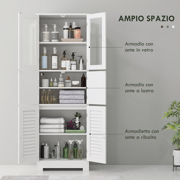 HOMCOM Mobile Colonna Bagno con 3 Armadietti e Ante in Vetro e a Persiana, 60x30x170.5cm, Bianco