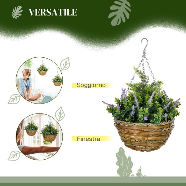 Outsunny Set 2 Piante Finte di Lisianthus con Vaso e Gancio, in PE e Vimini, Ø25x34 cm, Verde e Viola