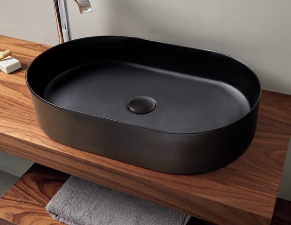 Lavabo da appoggio TRAPANI 60x38x13,5 nero opaco, pop-up cromo