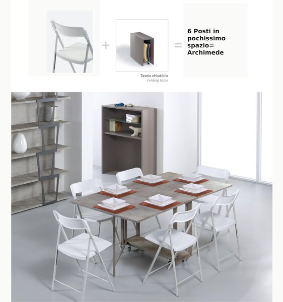 Tavolo chiudibile con portasedie e 6 sedie bianche laminato con ruote cornice Laminata 172x92x73h Archimede richiudibile in 34 centimetri cemento con 6 sedie Bianche prodotto consegnato Montato