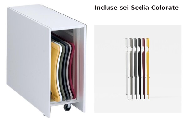 Tavolo chiudibile con portasedie e 6 sedie colorate laminato con ruote cornice Laminata 172x92x73h Archimede richiudibile in 34 centimetri Bianco con 6 sedie colorate prodotto consegnato Montato