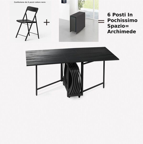 Tavolo chiudibile con portasedie e 6 sedie nere laminato con ruote cornice Laminata 172x92x h73 cm Archimede richiudibile in 34 centimetri nero con 6 sedie nere prodotto consegnato Montato