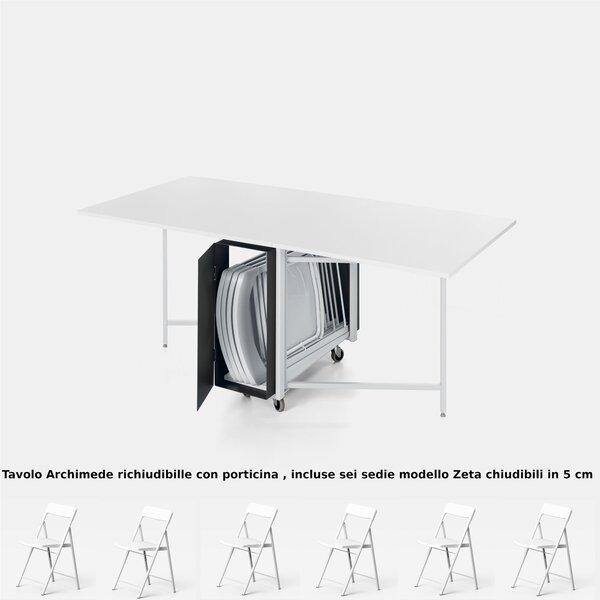 Tavolo chiudibile con portasedie e 6 sedie Bianche laminato con ruote cornice Laminata 172x92x73h Archimede richiudibile in 34 centimetri Bianco con 6 sedie colorate prodotto consegnato Montato