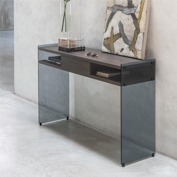Consolle con cassetto MAYA dimensioni 120x36x77h cm peso 36 kg, realizzata in legno ecologico da 25 mm e fianchi in vetro temperato Fum� da 10 mm