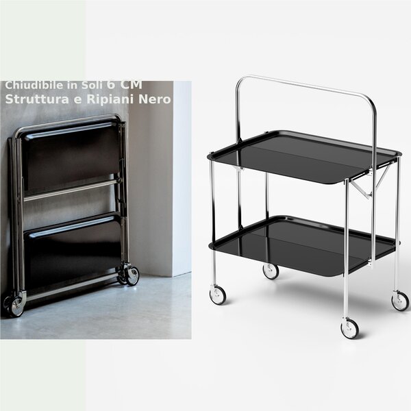 Carrello Portavivande Salvaspazio richiudibile in soli 6 cm SELECT 64x42xh82cm Struttura Nero , ripiani in formica nero sabl�