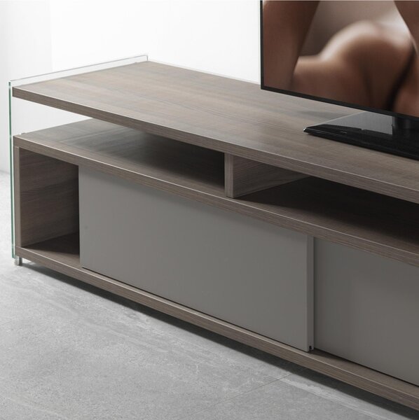 Mobile Porta TV aperto in legno 140x39x48h cm colore Olmo Tranch� fianchi in vetro trasparente