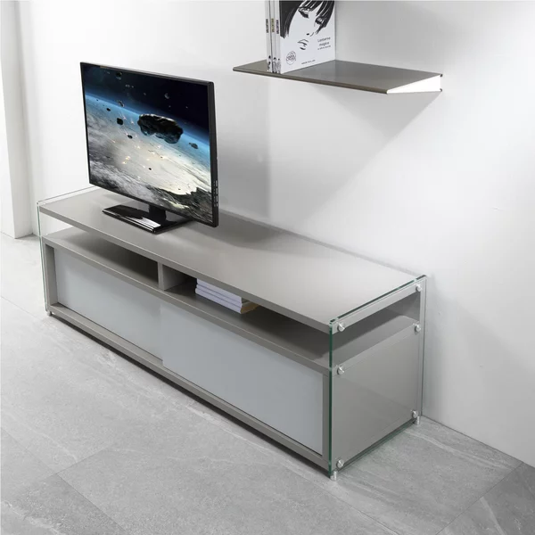 Mobile Porta TV aperto in legno 140x39x48h cm colore Grigio Cenere fianchi in vetro trasparente