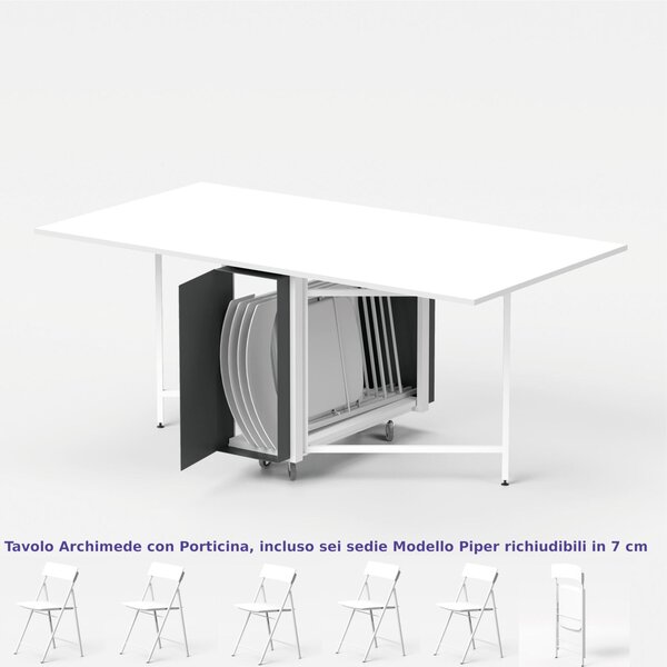 Tavolo chiudibile con portasedie e 6 sedie Bianche PIPER, tavolo con ruote piano bianco 172x92x73h Archimede richiudibile in 34 centimetri Bianco con 6 sedie prodotto consegnato Montato