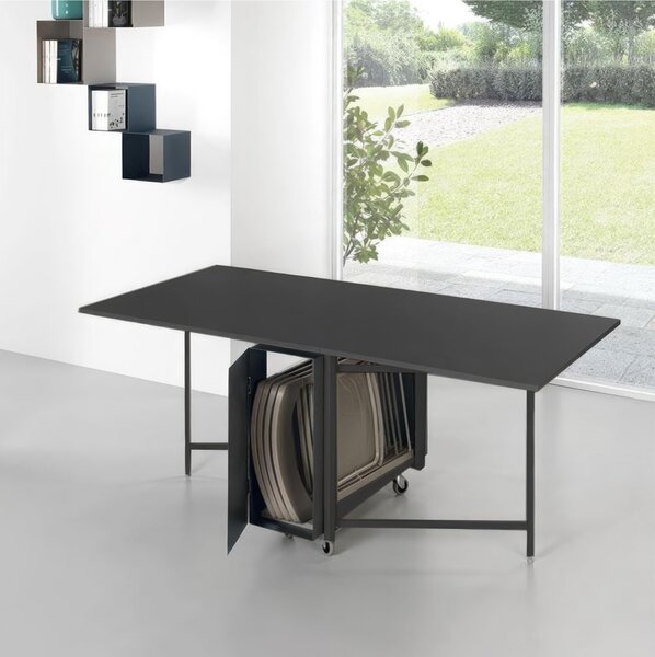 Tavolo chiudibile con portasedie e 6 sedie Tortora con ruote Dimensioni aperto 172x92x73h Archimede richiudibile in 34 centimetri ripiano nero sabl� consegnato Montato