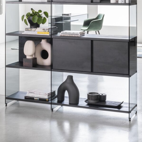 Libreria Composizione byblos 23 ripiani in vetro Fum� Ripiani in Laminato maniglie nero sabl� 149x36xh202 cm Peso 137 kg nero sabl�