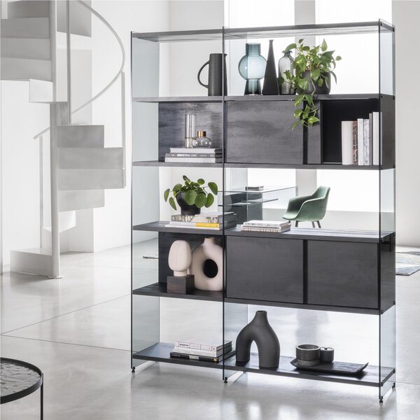 Libreria Composizione byblos 23 ripiani in vetro Fum� Ripiani in Laminato maniglie nero sabl� 149x36xh202 cm Peso 137 kg nero sabl�
