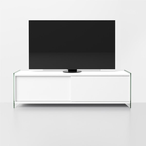 Porta-tv con struttura biblos fianchi in Vetro e ripiani in laminato Ecologico MEDIA Dimensioni 160x48xh36 cm ante scorrevoli bianco sable