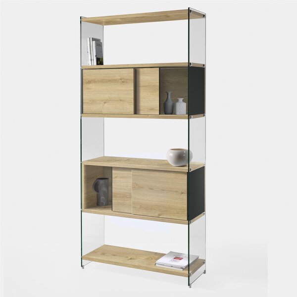 Libreria componibile Byblos da cm.90 - fianco alto 202 cm 90x36xh202 cm con 2 ante scorrevoli ripiani in laminatoRovere Naturale laterale Nero Sabl� fianchi in vetro Trasparente