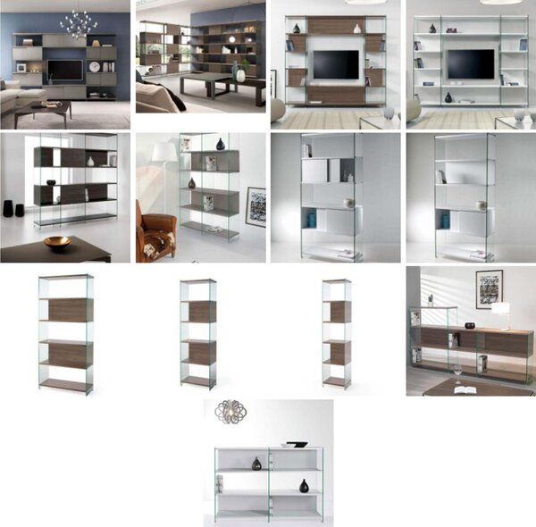 Libreria componibile Byblos da cm.90 - fianco alto 202 cm 90x36xh202 cm con ripiani in laminato Bianco opaco fianchi in vetro Trasparente