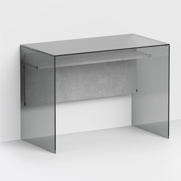 Scrivania Porta Computer SCRIBA 100x55x74h cm ripiano in vetro temperato FUME da 10 mm con spessore del piano in legno 18 cm frontale Cemento