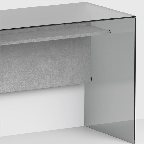 Scrivania Porta Computer SCRIBA 120x55x74h cm ripiano in vetro temperato FUME da 10 mm con spessore del piano in legno 18 cm frontale Cemento