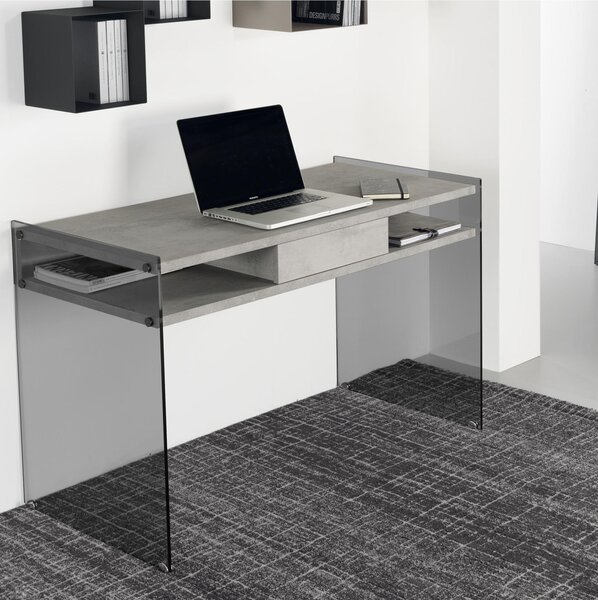 Scrivania portacomputer Dimensioni 120x60xh77 cm SPACE con cassetto scorrevole in laminato ecologico Colore Cemento con struttura in vetro temperato da 10 mm