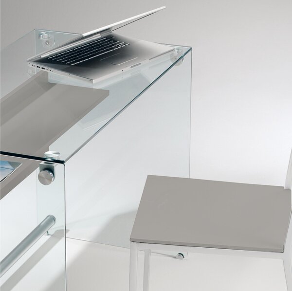 Scrivania Porta Computer 100x55x74h cm ripiano in vetro temperato da 10 mm con frontale Grigio Tortora