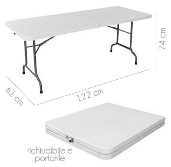 Tavolo rettangolare salvaspazio Pieghevole gambe acciaio e piano resina bianco Dimensioni aperto 122x61x h74 cm catering campeggio giardini