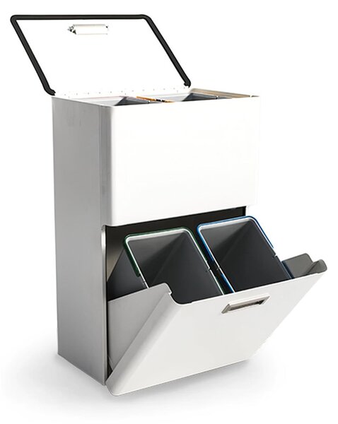 Pattumiera Contenitore per la raccolta differenziata FOUR con 4 cestelli da 18 litri 54x36xh85 cm e Ruote totali 72 L colore bianco
