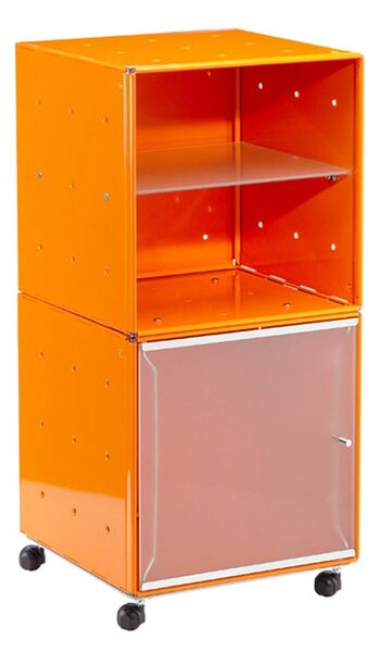 Carrellino Comodino QBO 28 Composizione con due Cubi ripiano in vetro anta in vetro con maniglia e ruote Arancio