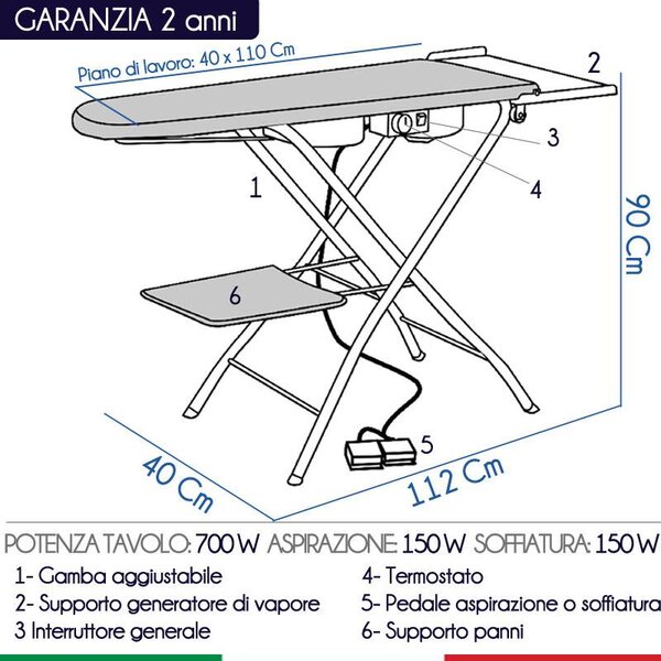 Asse da stiro da stiro NEW JOLLY 112x42xh85-90 max cm riscaldato. aspirante e soffiante dotato di due motori e di due pedaliere