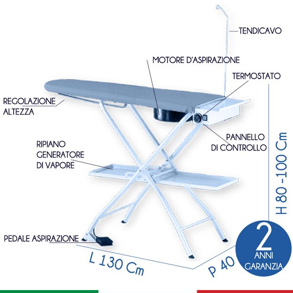 Tavolo da stiro universale riscaldato ed aspirante BF006 128,5x42xh85-90 max cm - peso 17,5 Kg predisposto x attacco per braccetto stiramaniche aspirante