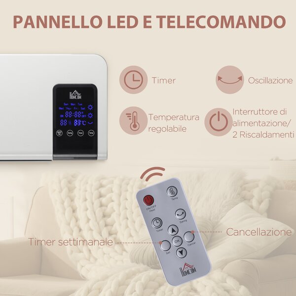 HOMCOM Termoventilatore da Parete Oscillatorio per Casa e Ufficio con Timer 24h e 2 Modalità di Riscaldamento, 54.5x12x21.5 cm, Bianco