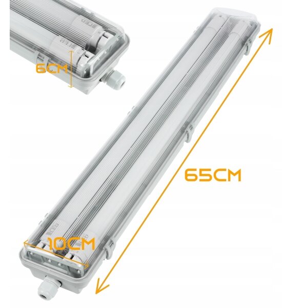 Apparecchio fluorescente tecnico LED T8, 2x G13, 10W, 230V, 6000K, 60 cm, IP65, bianco