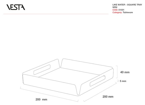 Vassoio quadrato like water mini tiger, dimensioni h20x20x4 cm, spessore 5 mm