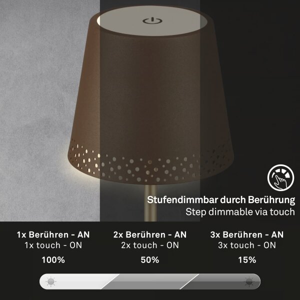 Brilo - Lampada da tavolo LED ricaricabile a sfioramento KIKI LED/2,6W/5V IP44 2600 mAh marrone
