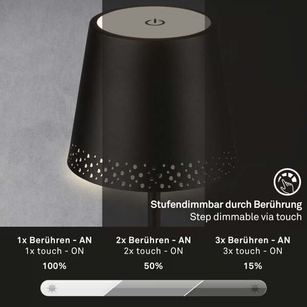Brilo - Lampada da tavolo ricaricabile LED a sfioramento KIKI LED/2,6W/5V IP44 2600 mAh nera