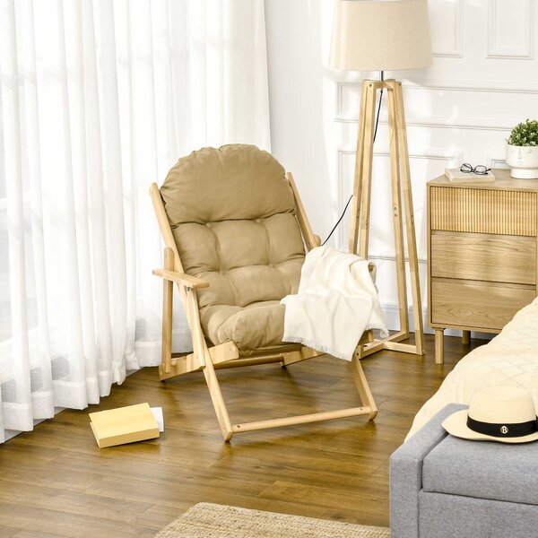 HOMCOM Sedia per Soggiorno Pieghevole con Braccioli e Cuscino, in Legno di Faggio e Tessuto, 71x89x96 cm, Marrone