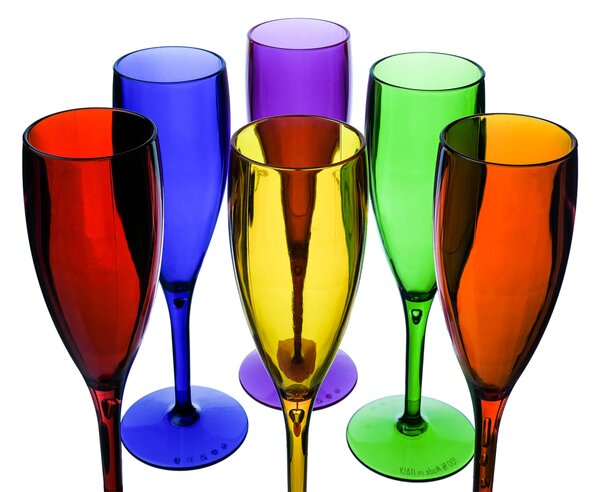 Calici Flut , Champagne in SAN colorato 6 colori LIKE WATER �6.5x19.5 cm lavabili e riutilizzabili colorati Trasparenti
