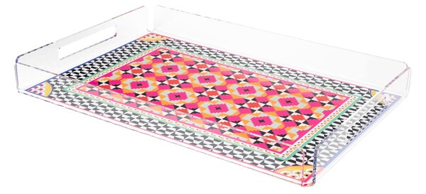 Vassoio Rettangolare Grande in cristallo acrilico ETHNIC DECOR dimensioni 45x31xh 5 cm, (adatto x 12 Bicchieri o 8 tazzine caffe con piattino) multicolor