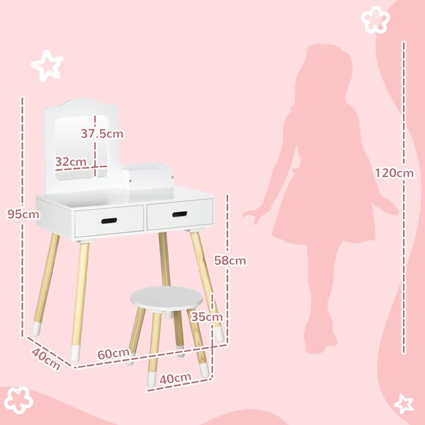 ZONEKIZ Set Toeletta per Bambini con Tavolo Trucco e Sgabello, Specchio e 2 Cassetti, Bianco e Colore Legno