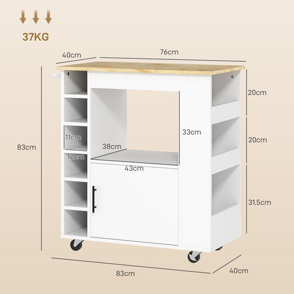HOMCOM Carrello da Cucina con Ruote, Ripiani, Armadietto e Portabottiglie, 83x40x83 cm, Rovere