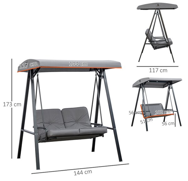 Outsunny Dondolo 2 Posti con Tettuccio Regolabile e Cuscini, in Acciaio e Poliestere, 144x117x173 cm, Grigio