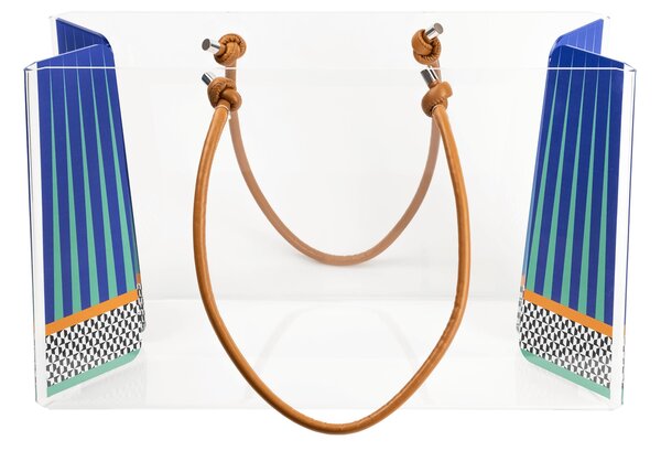 Portariviste, Shop Bag contenitore porta oggetti in plexiglas Decoro ETHNIC 37x54x h37 cm colore multicolor manici ecopelle