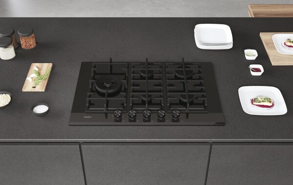 Haier Piano Cottura 5 Fuochi a Gas Larghezza 75 cm (1 Bruciatore Doppia Corona) in Vetro colore Nero - HAVG7WL4HBPB I-Move Series 6